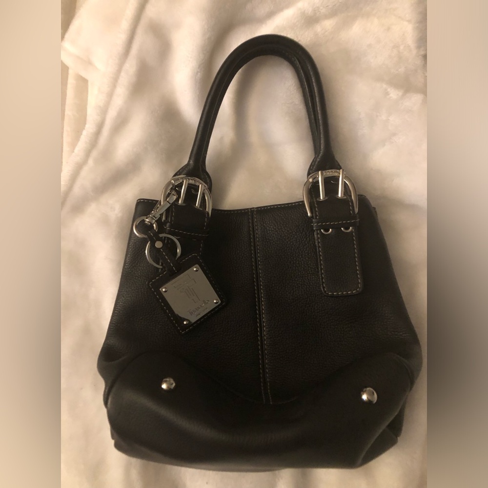 Vintage Tignanello Black Leather Tote Handbag with Silver Hardware